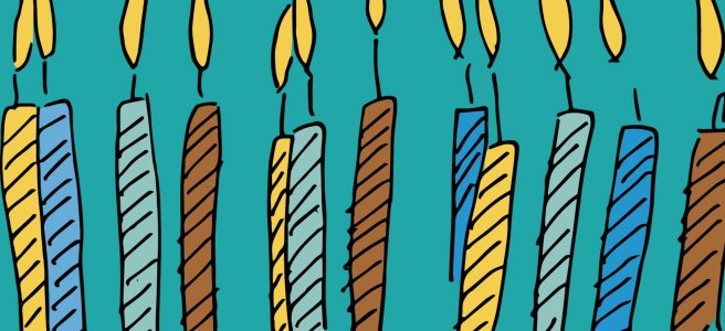 A simple drawing of 12 blue, yellow, and brown birthday candles.