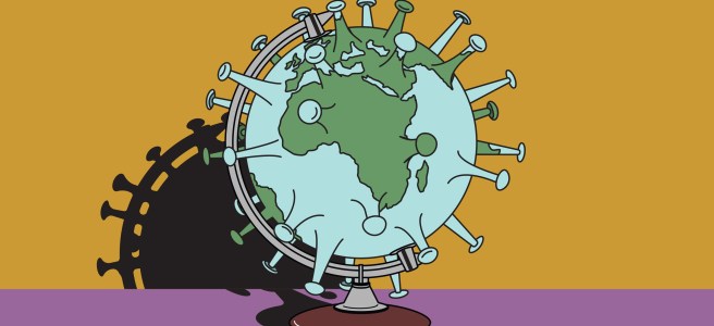 A cartoon globe with protrusions emerging from it, meant to look like a virus..