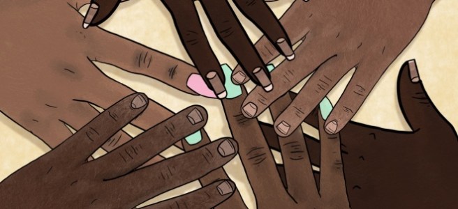 A drawing of overlapping hands of several skin tones, some with nails painted blue and pink.