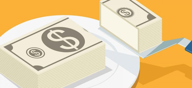 A cartoon of a stack of cash on a plate being sliced in two, with one half being picked up by a cake slicer.