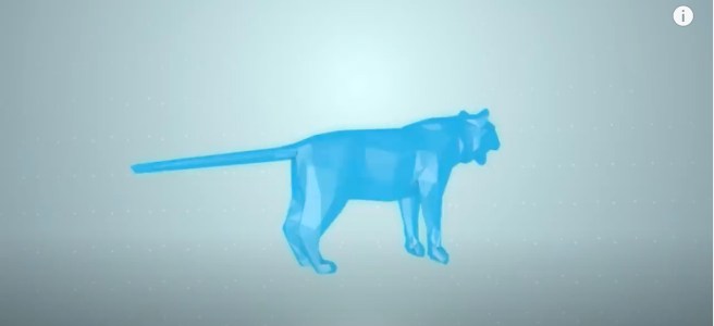 A blue 3D computer generation of a feline.