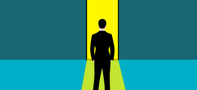 An illustration of a man with his back to us facing an open door marked "Exit."