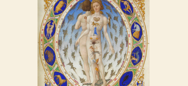 A medieval-style painting of two nude figures, one facing forward and one facing backward, circled by an oval-shaped zodiac calendar.
