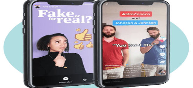 Two cell phones side by side, one showing a screen grab from the Guardian’s “Fake or for Real” feature, the other showing a screen grab of a Washington Post TikTok.