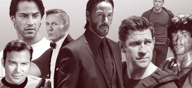 A collage of action heroes Capt. James T. Kirk, Johnny Utah, James Bond, John Wick, Jack Ryan, Jason Bourne, and John James Rambo.