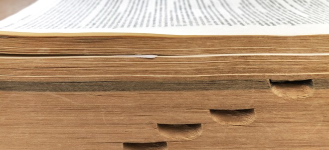 Closeup view of a large dictionary viewed from the side. The book is open, and the yellowed edges of pages with thumb tabs are visible.