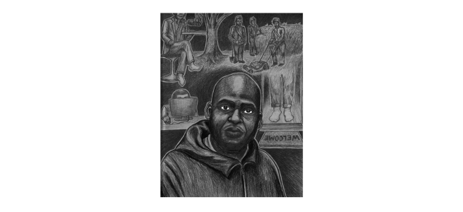 A charcoal drawing with Kiese Laymon’s face in the center surrounded by four smaller images from the essay: a person behind a computer screen, Laymon in stocking feet sitting with a microphone, confederate soldiers doing lawn work, and a figure in stocking feet standing in a doorway behind a Welcome mat.
